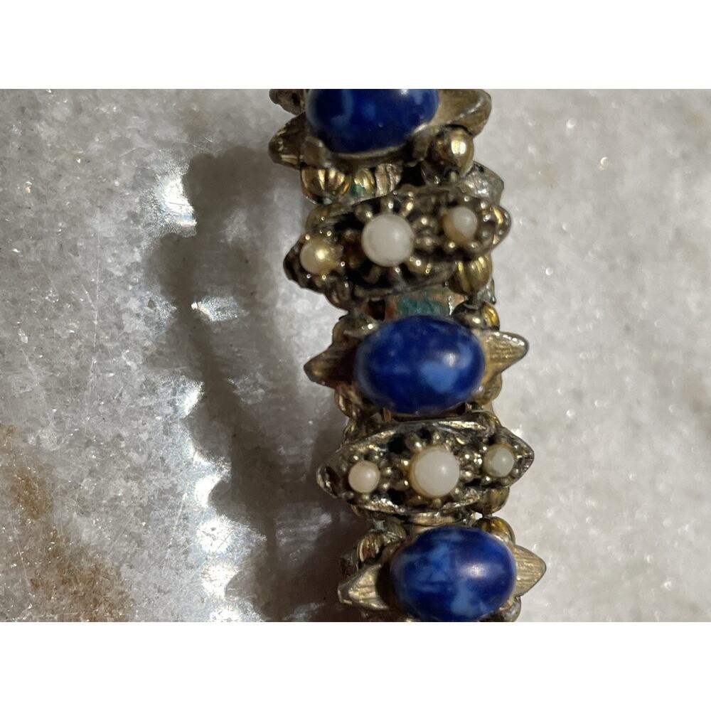 Vintage 1950s Victorian Revival Link Bracelet Blue Marble Cabochon & Faux Pearls